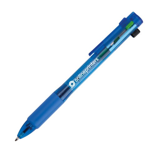 Blauwe 4-in-1 balpen met clip en verschillende kleuren inkt.