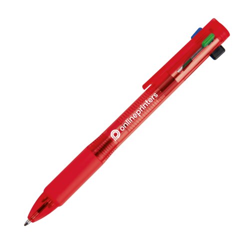 Rode plastic 4-in-1 balpen met clip en drukmechanisme.