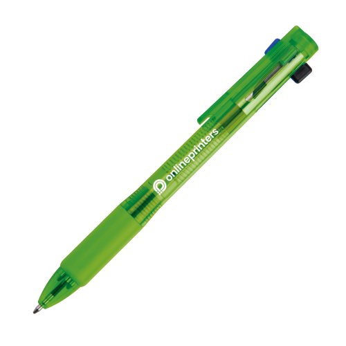 Groene plastic balpen met vier vullingen en clip.