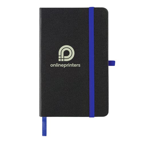 Blauw notitieboek met elastische sluiting.