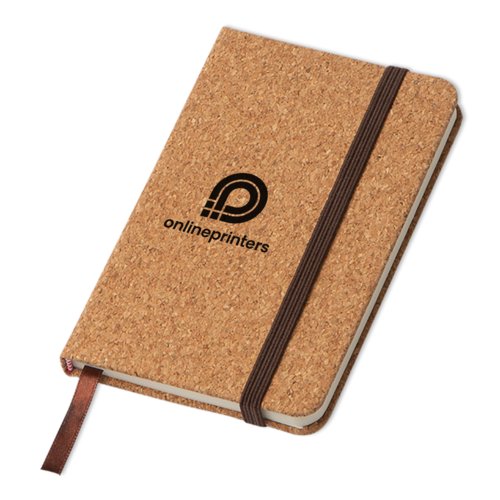 Kurk notitieboek met elastiek en bladwijzer.