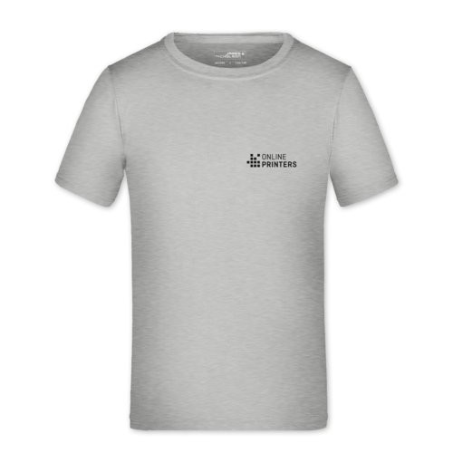 Grijs gemleerd polyester kinder-T-shirt met korte mouwen.