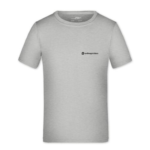 Grijs gem�leerd polyester kinder-T-shirt met korte mouwen.