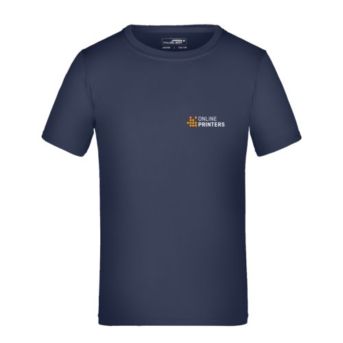 Donkerblauw polyester T-shirt voor kinderen met korte mouwen.