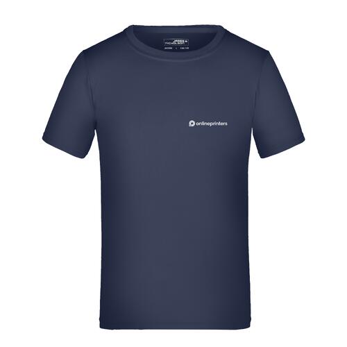 Donkerblauw polyester T-shirt voor kinderen met korte mouwen.