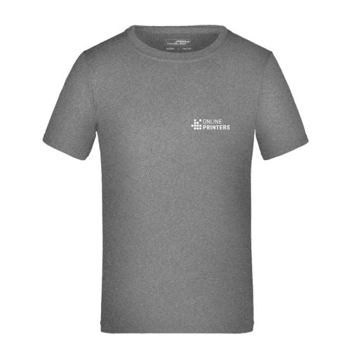 Donkergrijs gemleerd polyester T-shirt voor kinderen met korte mouwen.