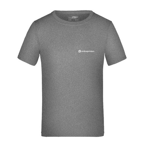 Donkergrijs gem�leerd polyester T-shirt voor kinderen met korte mouwen.