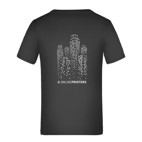 Zwart polyester kinder-T-shirt met korte mouwen.