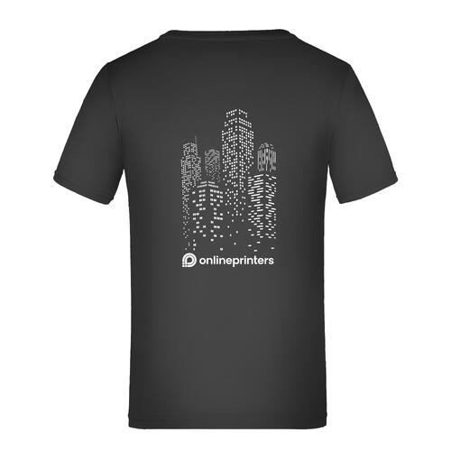 Zwart polyester kinder-T-shirt met korte mouwen.