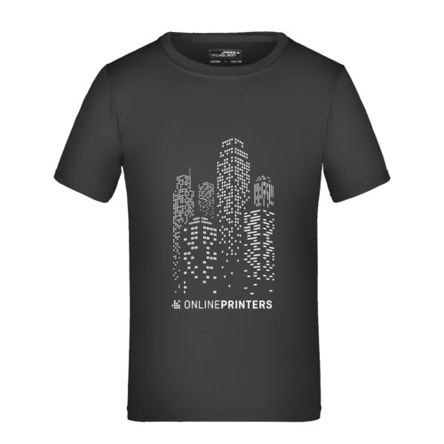 Zwart polyester kinder-T-shirt met korte mouwen.