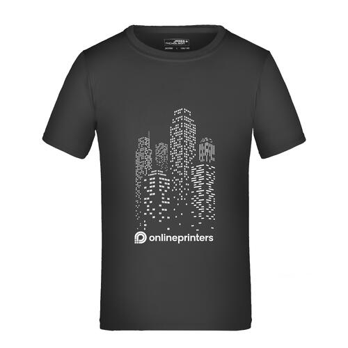 Zwart polyester kinder-T-shirt met korte mouwen.