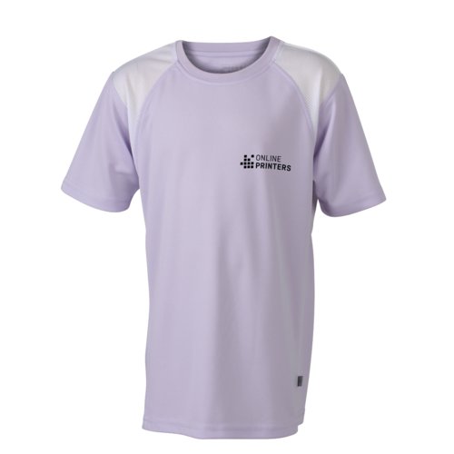 Lila polyester hardloopshirt voor kinderen met korte mouwen.