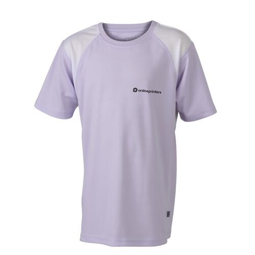 Lila polyester hardloopshirt voor kinderen met korte mouwen.
