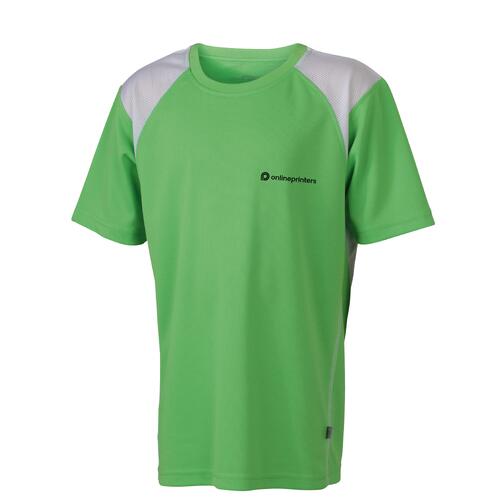 Groen functioneel hardloopshirt voor kinderen met korte mouwen.