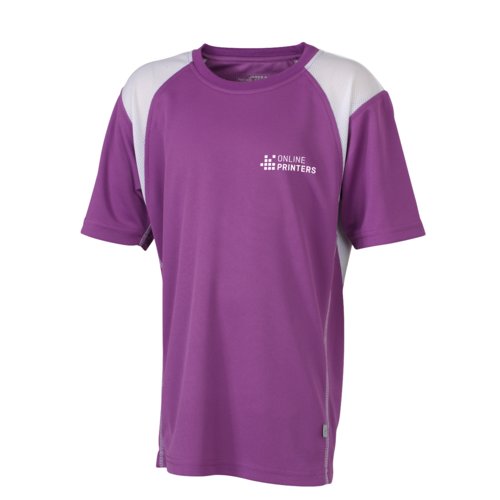 Paars hardloopshirt voor kinderen van polyester met korte mouwen.