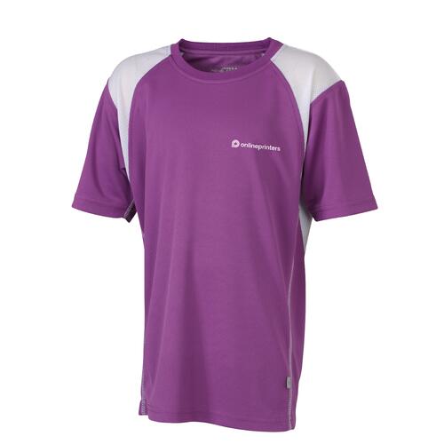 Paars hardloopshirt voor kinderen van polyester met korte mouwen.