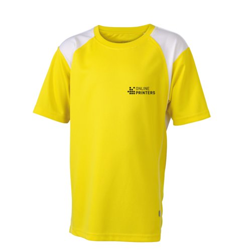 Geel/wit polyester hardloopshirt voor kinderen met korte mouwen.
