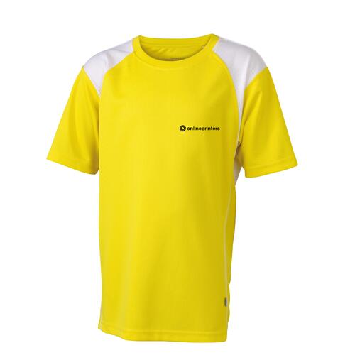 Geel/wit polyester hardloopshirt voor kinderen met korte mouwen.