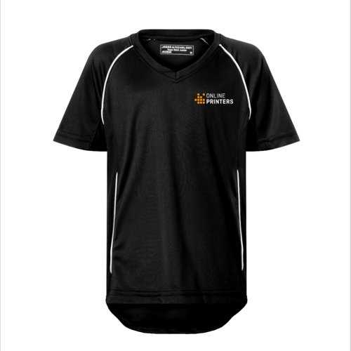 Zwart-wit polyester kinderteamshirt met V-hals.