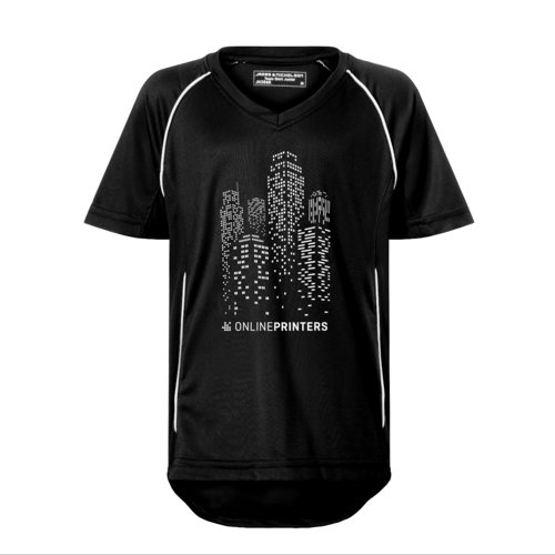 Zwart-wit polyester kinderteamshirt met V-hals.