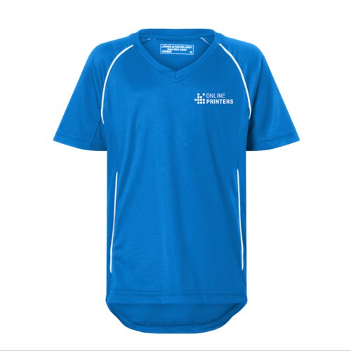 Koningsblauw/wit polyester T-shirt met V-hals voor kinderen.