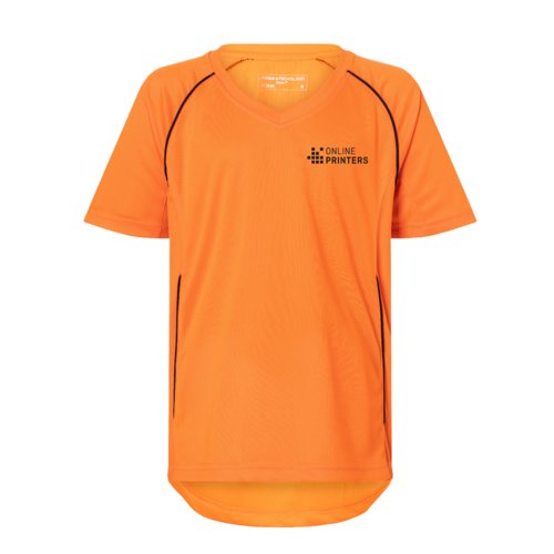 Oranje polyester kinder-T-shirt met korte mouwen.