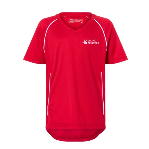 Rood polyester t-shirt voor kinderen met v-hals en korte mouwen.