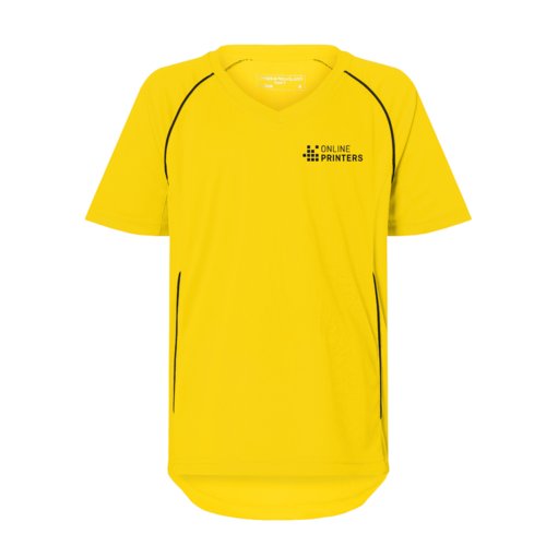 Geel polyester kinderteamshirt met V-hals en korte mouwen.