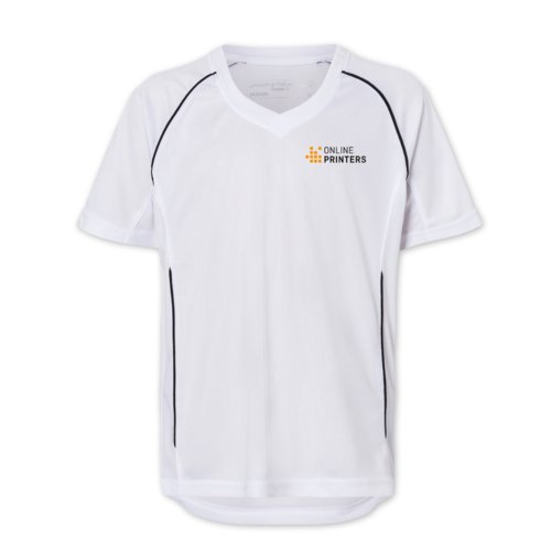 Wit polyester T-shirt met korte mouwen.