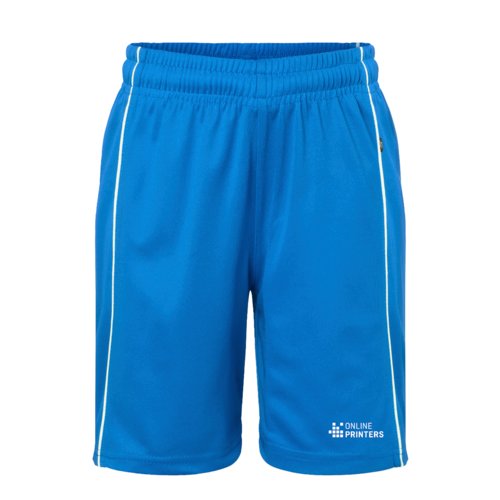 Koningsblauwe polyester short met elastische tailleband en witte strepen aan de zijkant.