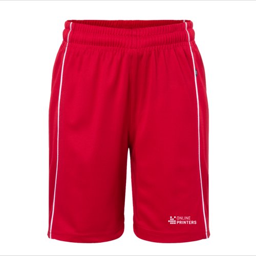 Rode polyester short met elastische tailleband en contrasterende strepen aan de zijkant.