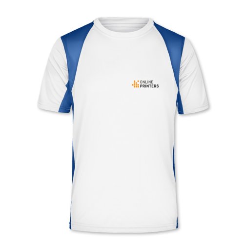 Wit/blauw polyester functioneel shirt met korte mouwen.