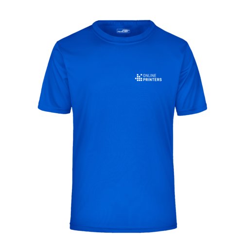 Koningsblauw polyester T-shirt met korte mouwen.