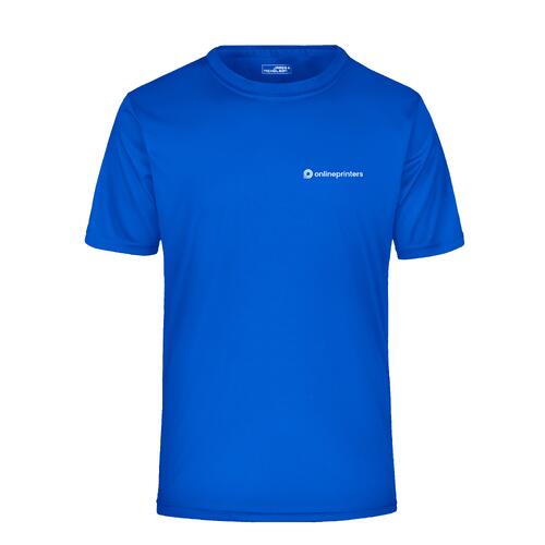 Koningsblauw polyester T-shirt met korte mouwen.