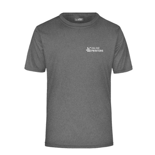 Donkergrijs gemleerd polyester T-shirt met korte mouwen.