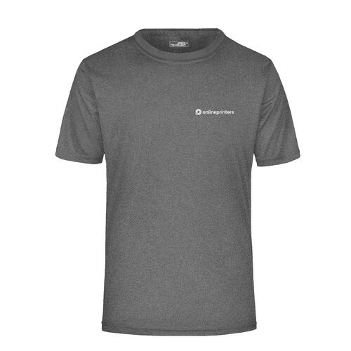Donkergrijs gem�leerd polyester T-shirt met korte mouwen.