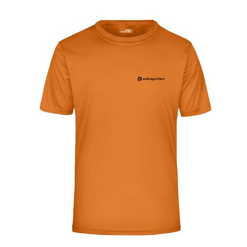 Oranje polyester T-shirt met korte mouwen.