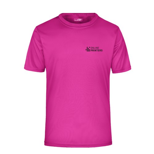 Roze polyester T-shirt met korte mouwen.