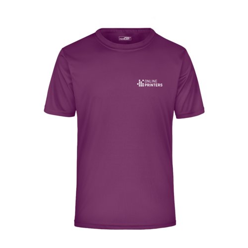 Paars polyester heren T-shirt met korte mouwen.