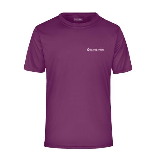 Paars polyester heren T-shirt met korte mouwen.