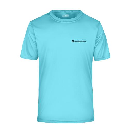 Turkooizen polyester heren T-shirt met korte mouwen.