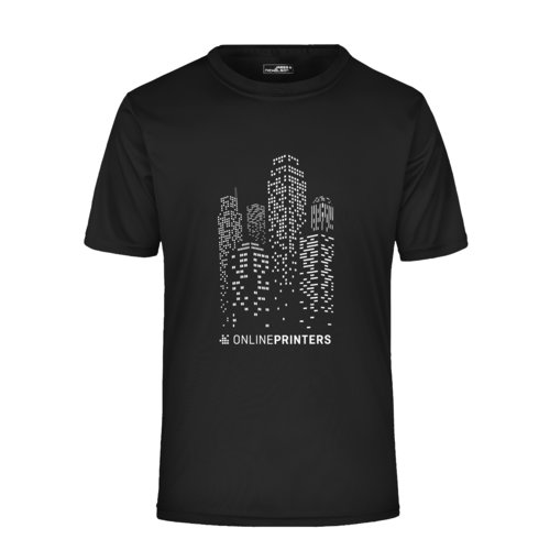 Zwart polyester T-shirt met korte mouwen.