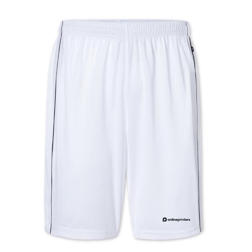 Witte polyester short met elastische tailleband en trekkoord.