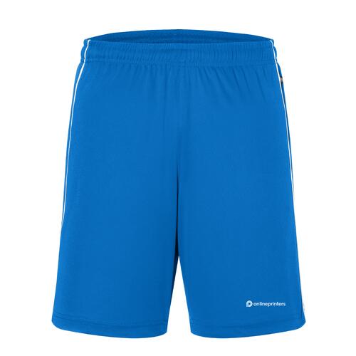 Blauwe polyester short met elastische tailleband en trekkoord.
