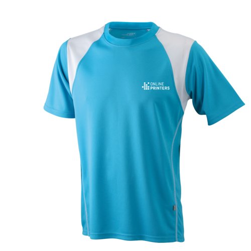 Lichtblauw en wit polyester hardloopshirt voor heren met korte mouwen.