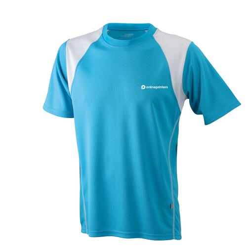 Lichtblauw en wit polyester hardloopshirt voor heren met korte mouwen.