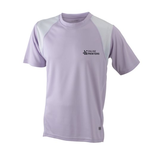 Paars/wit polyester hardloopshirt voor heren met korte mouwen.