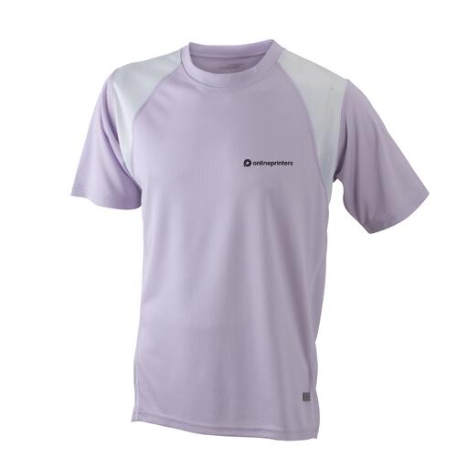 Paars/wit polyester hardloopshirt voor heren met korte mouwen.