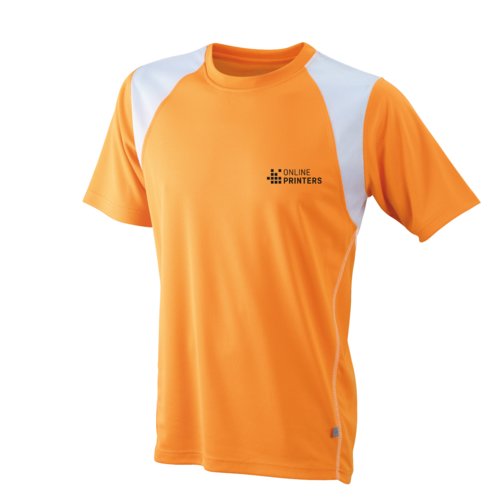 Oranje polyester hardloopshirt voor heren met korte mouwen.