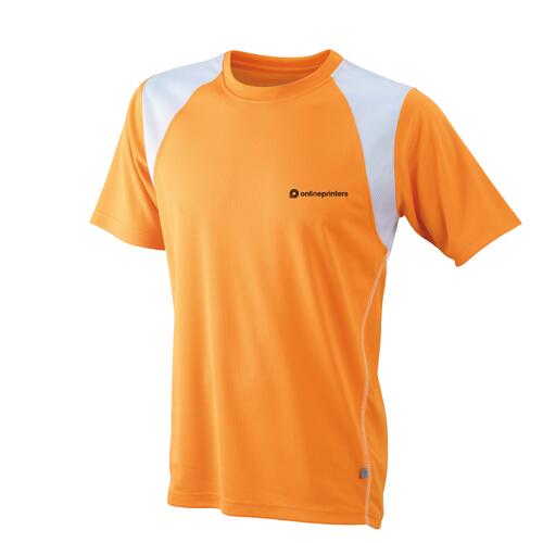Oranje polyester hardloopshirt voor heren met korte mouwen.